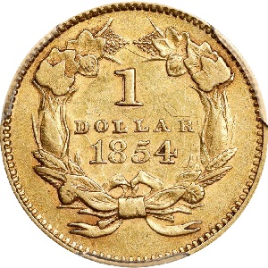 Compare the Common Date 1854 Type 2 Gold Dollar to 1855-D gold dollar and other rare dates.