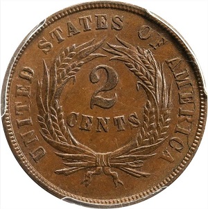 Compare values of the Common Date 1865 Shield Two Cent coin to truly rare coins.